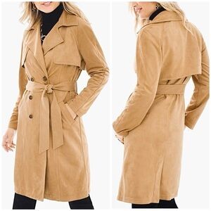 Chicos Chic Trench Coat Faux Suede Tan Camel Size 16 XL Capsule Double Breasted
